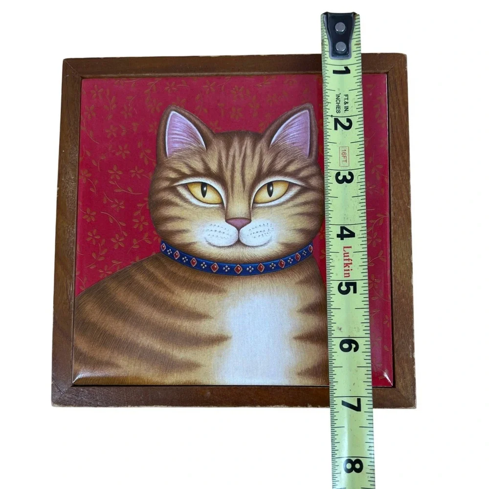 Vintage Whimsy Orange Cat Decor Japan Ceramic Folk Art Tile Framed 7